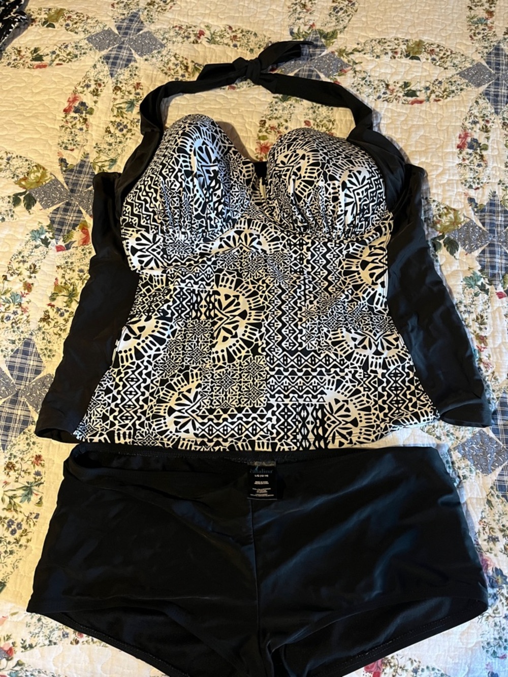 Catalina Black and White Halter Tankini Top